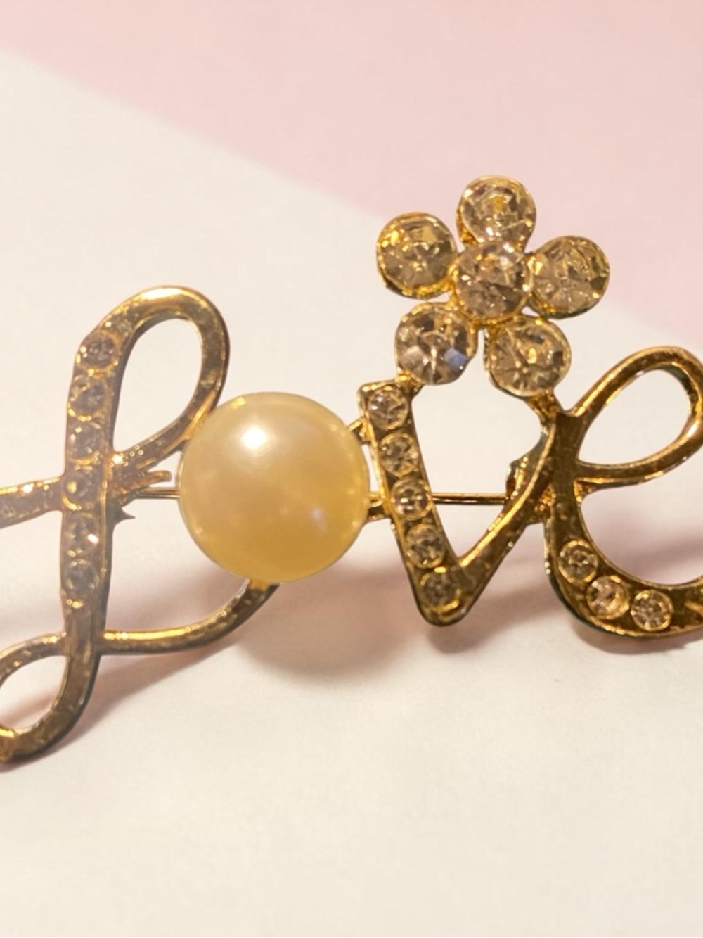 Gold 'Love' Brooch with Pearl and Crystal Flower